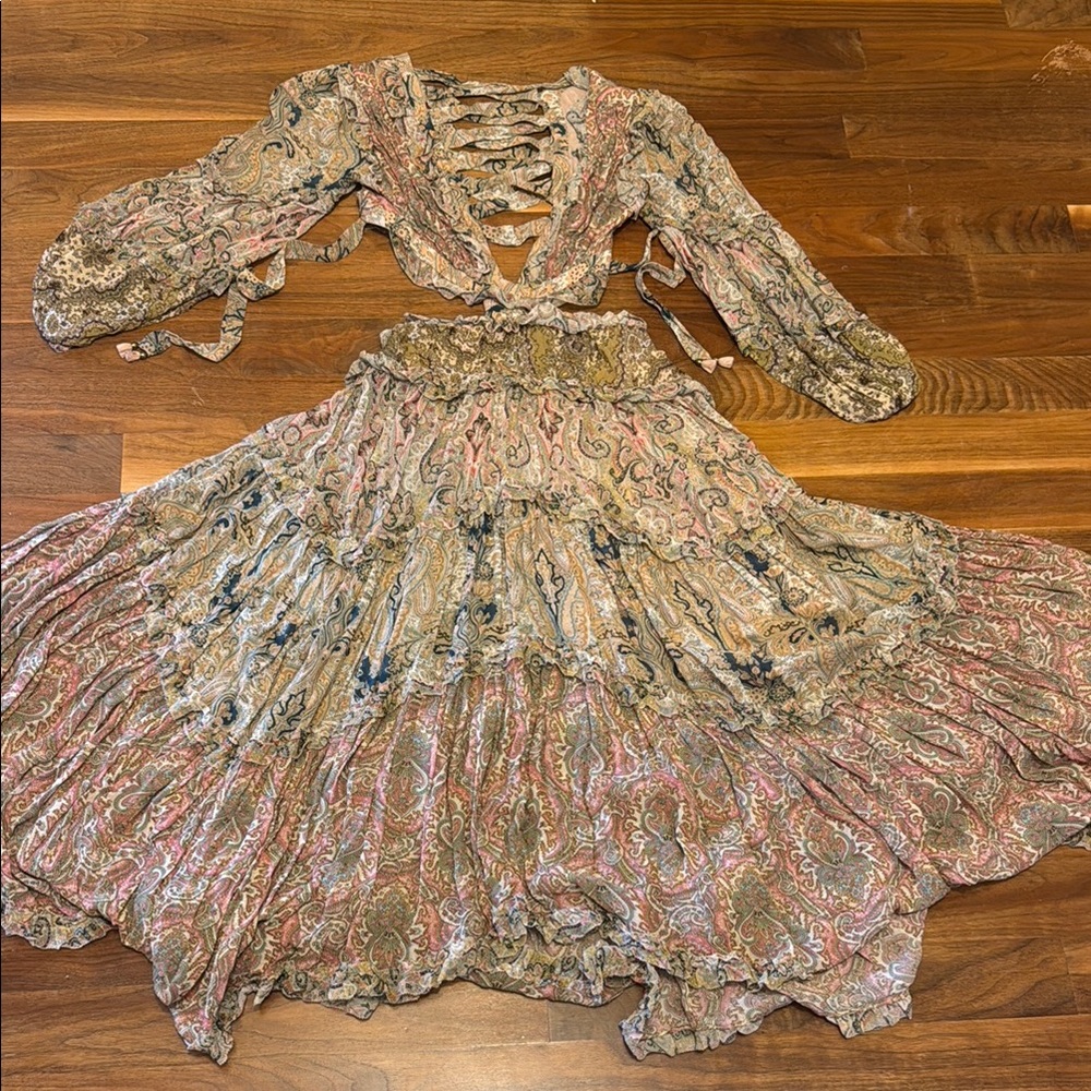 Zimmermann Pink and Green Tiered Sundress with Bishop Sleeves